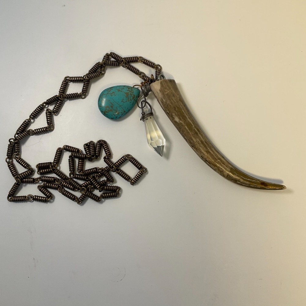 Antler Tip Turquoise Crystal Going Out Y2K Long Necklace Gold Tone Chain 39"